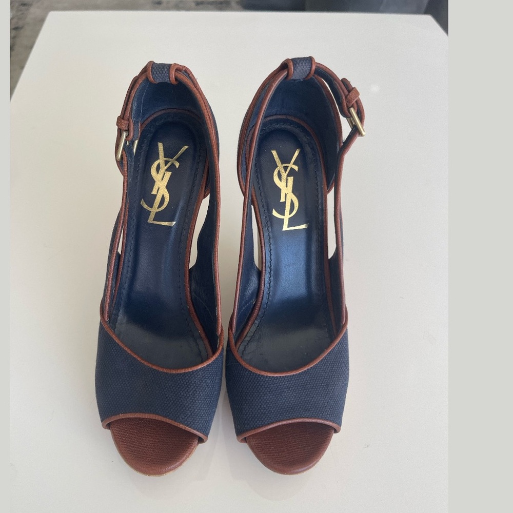 Yves Saint Laurent Deauville Canvas and Leather Platform Wedge Sandals Size 6